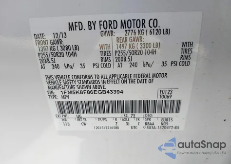 2014 Ford Explorer Limited from USA, damaged, VIN 1FM5K8F86EGB43394